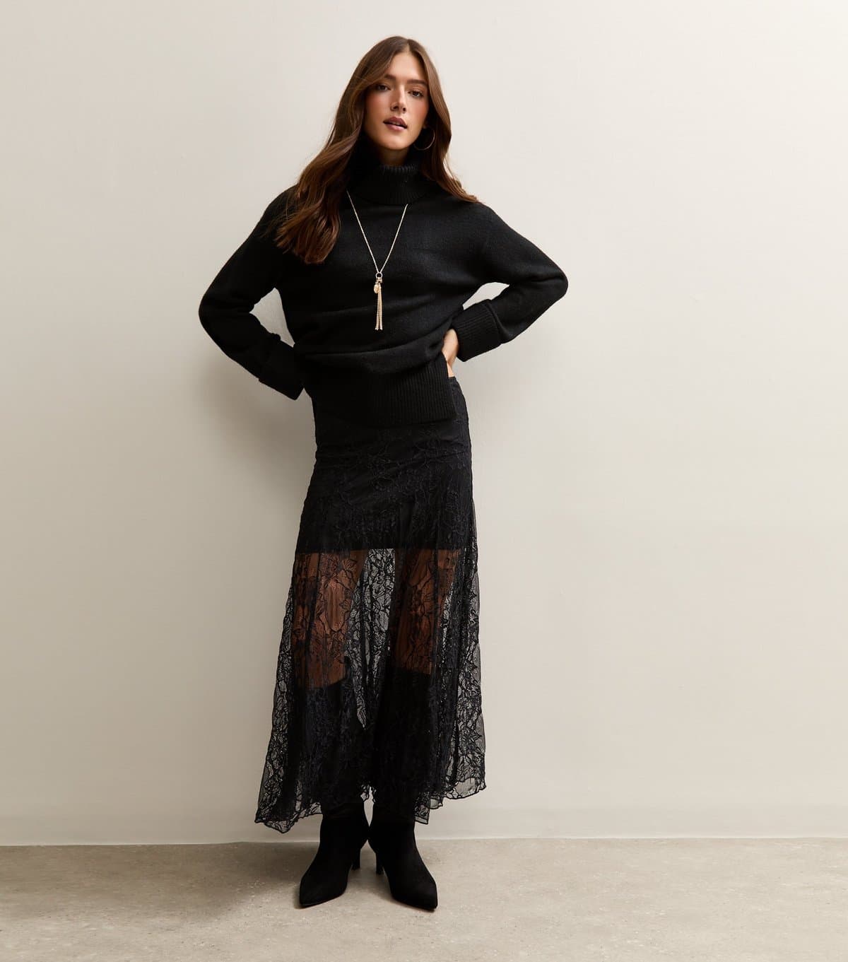 New Look Women's Black Lace Midi Skirt New Look