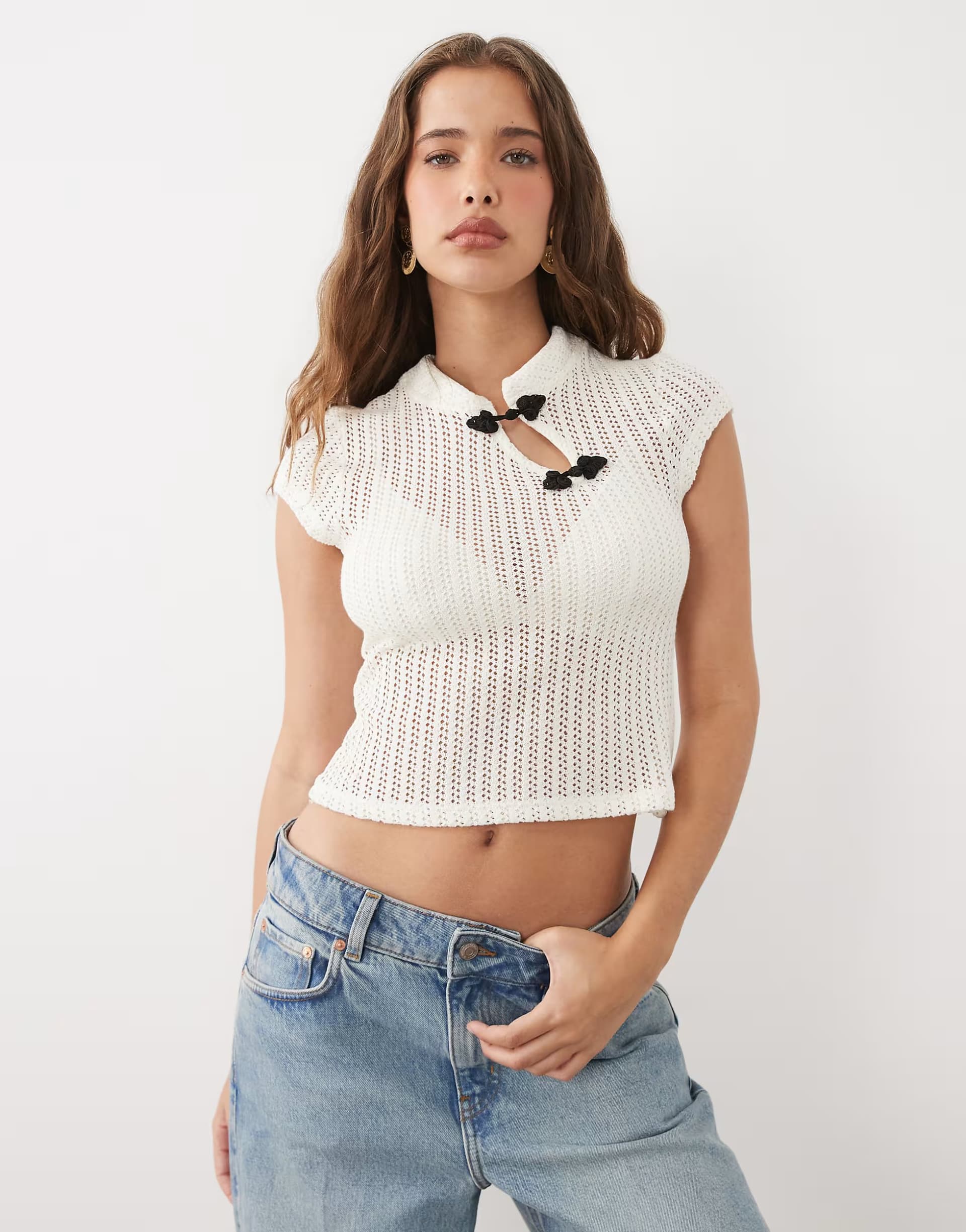 ASOS ASOS DESIGN cap sleeve mandarian style crochet top in cream