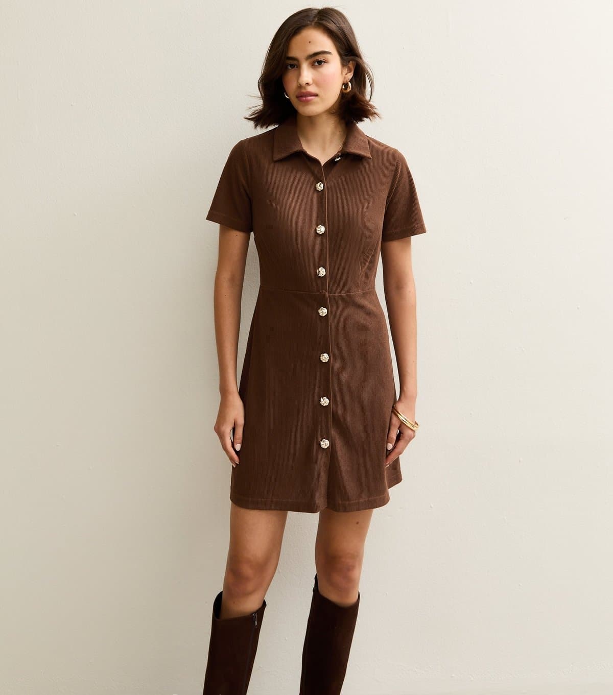 New Look Women's Dark Brown Button Through Corduroy Mini Dress New Look