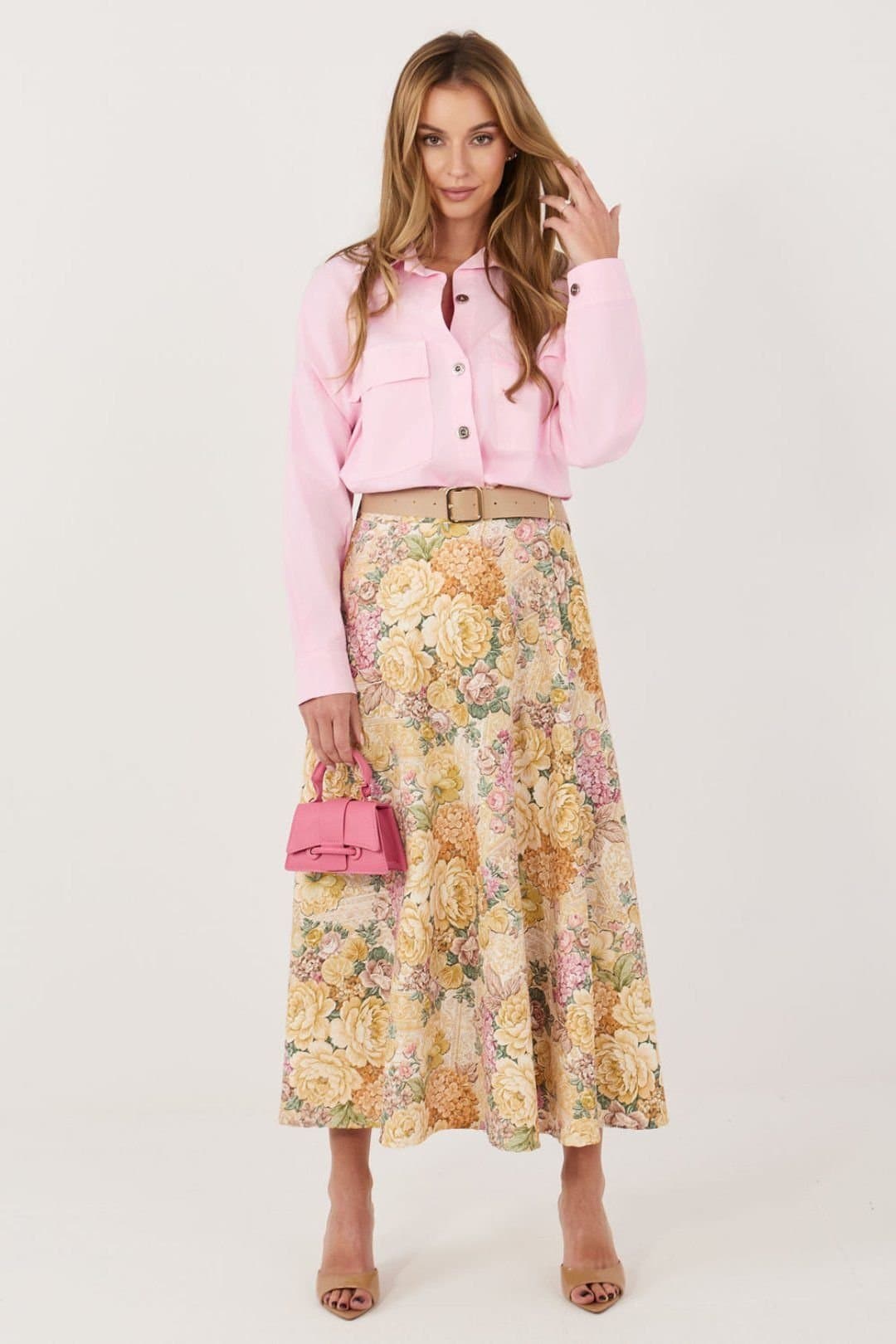 Love Lace Love Lace Women's Floral Print Midi Skirt with Waist Belt in Yellow