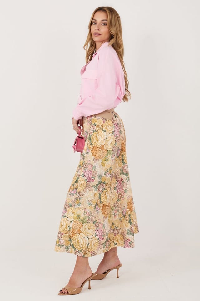 Love Lace Love Lace Women's Floral Print Midi Skirt with Waist Belt in Yellow - 2