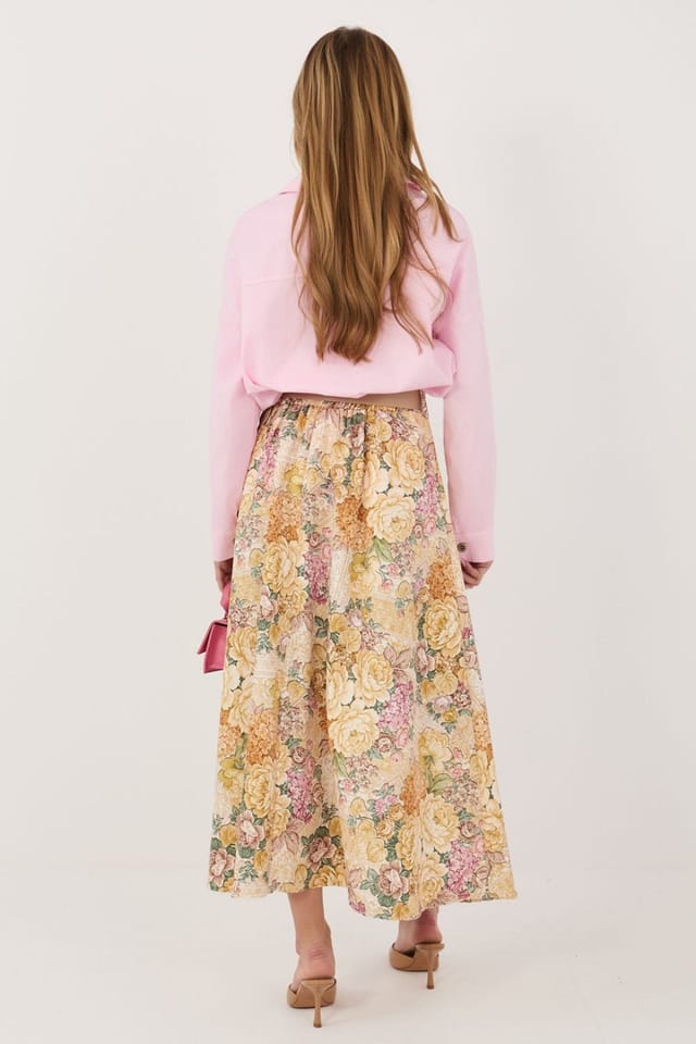 Love Lace Love Lace Women's Floral Print Midi Skirt with Waist Belt in Yellow - 3