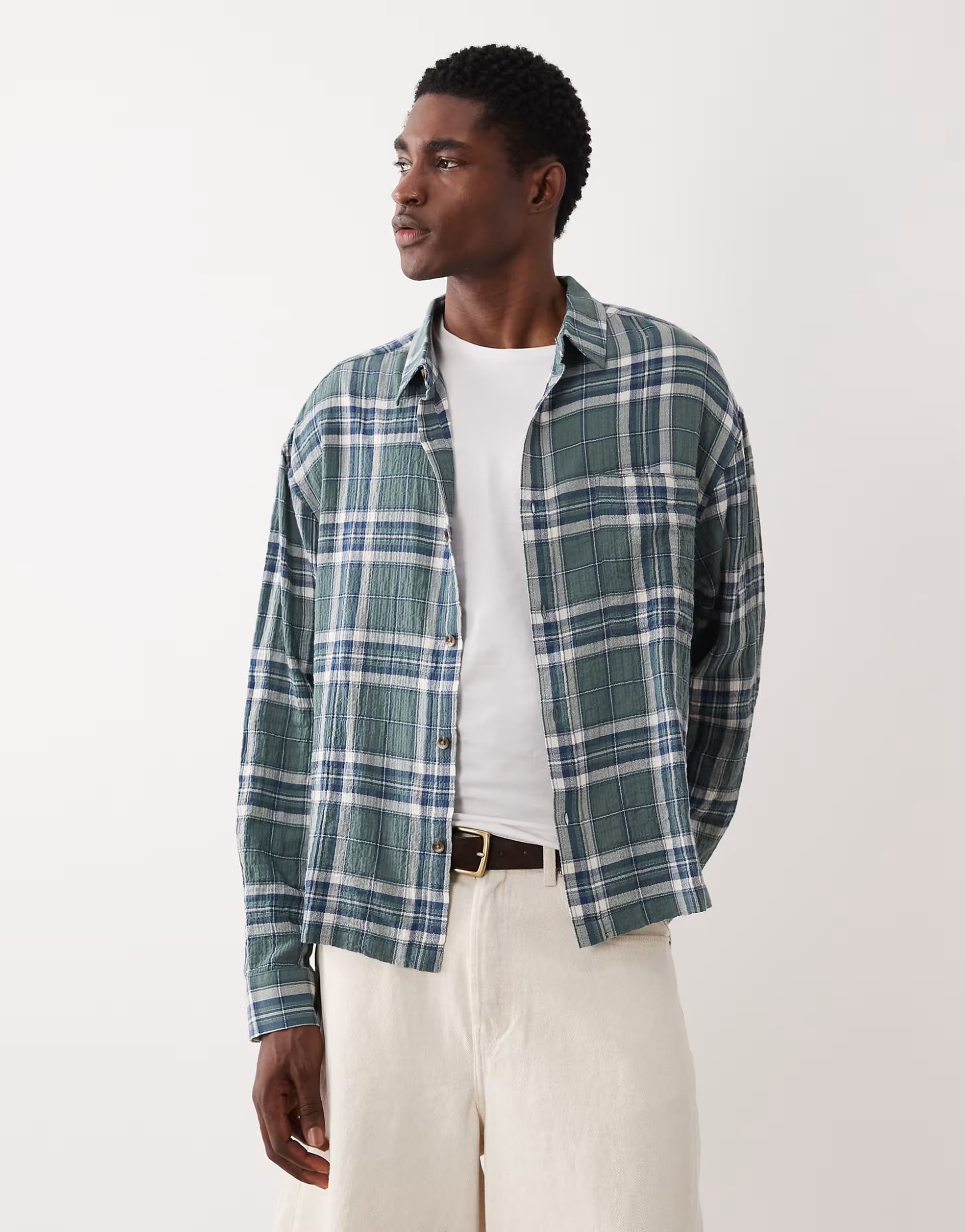 ASOS ASOS DESIGN boxy oversized textured check shirt in dark green
