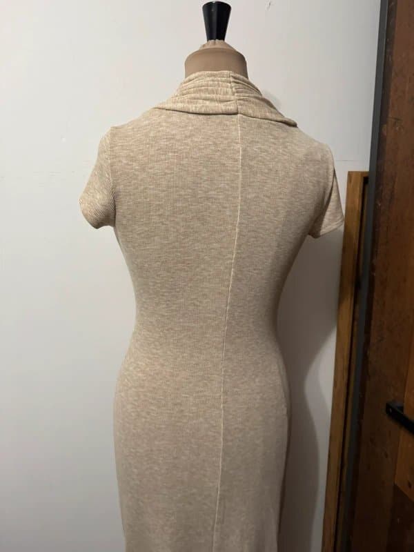 ASOS Design long maxi dress with asymmetric neckline and draped detail in beige ribbed neutral size 10