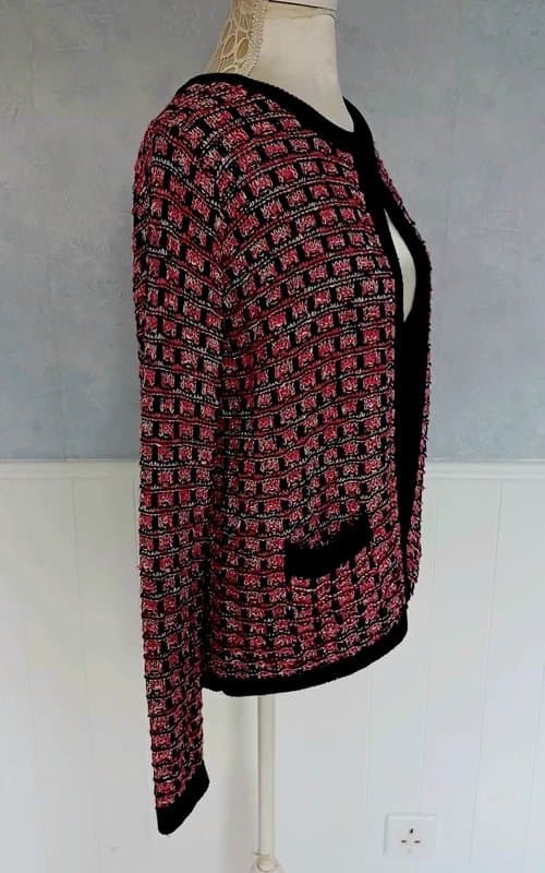 Marks & Spencer M&S Pink Black Textured Knit Boucle styleCardigan Size 12 Shimmer/ Spring