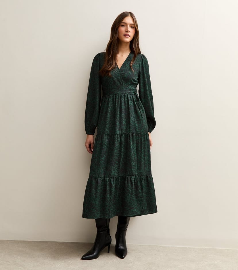 New Look Women's Dark Green Speckled Print Crepe Wrap Midi Dress New Look - 1
