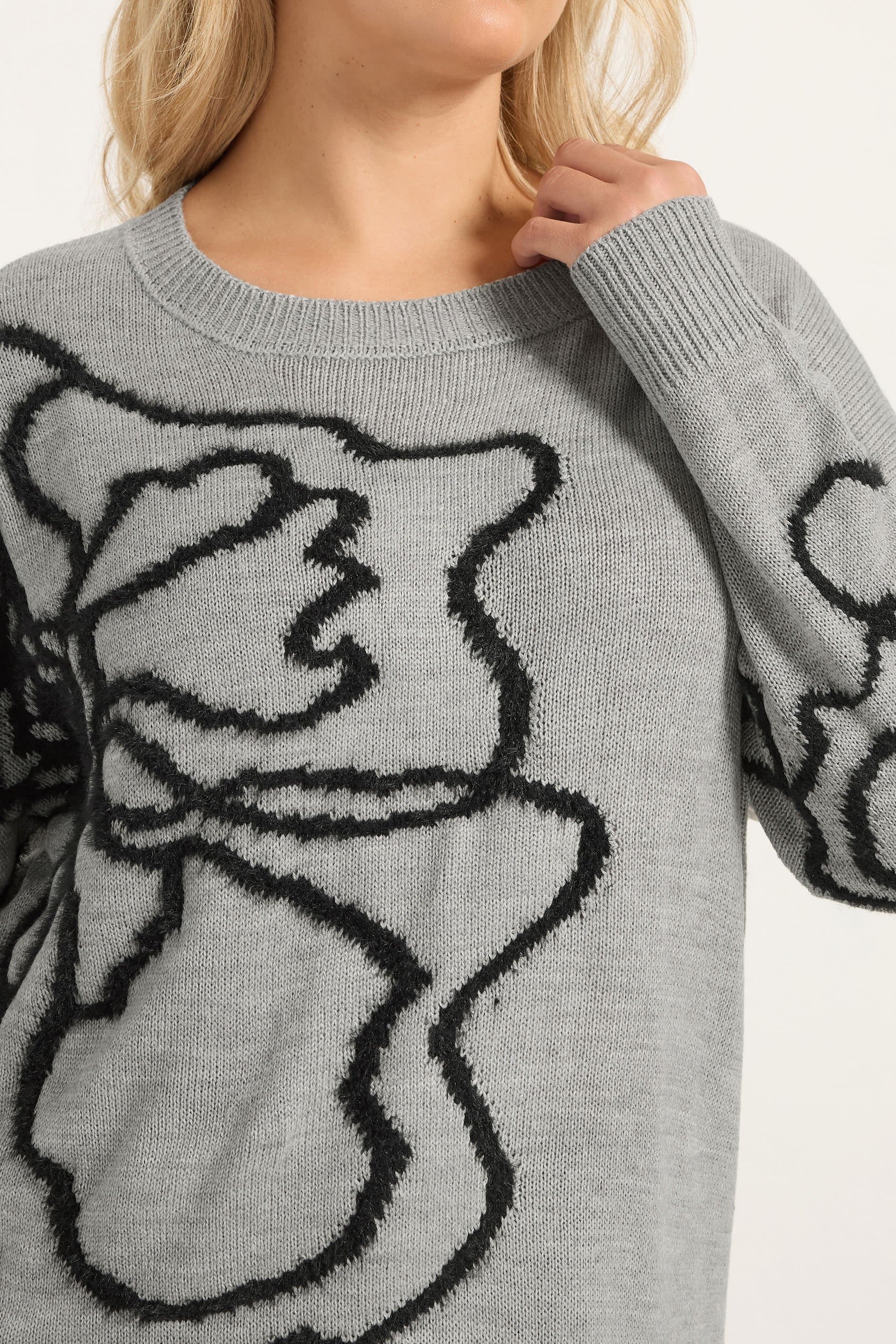 Yours Plus Size Grey Marl Floral Knitted Jumper