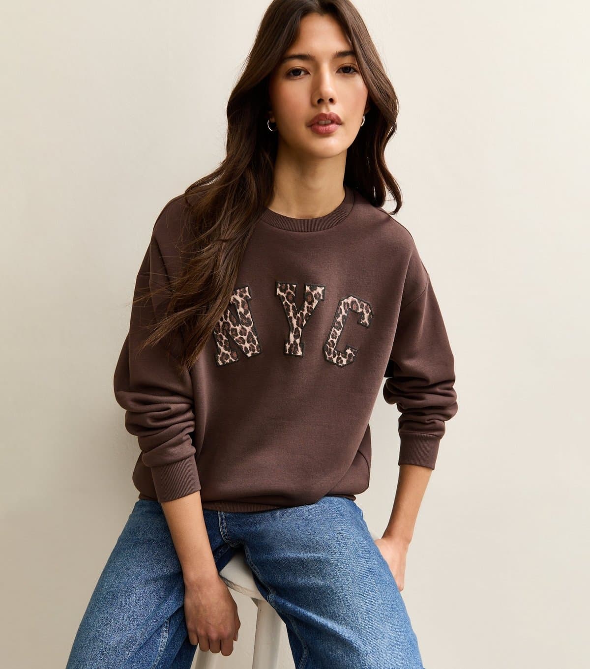 New Look Women's Dark Brown NYC Leopard Print Logo Sweatshirt New Look