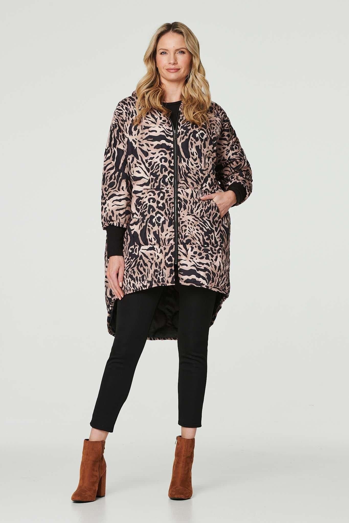 Izabel London Izabel London Women's Printed Zip Front High Low Coat in Beige