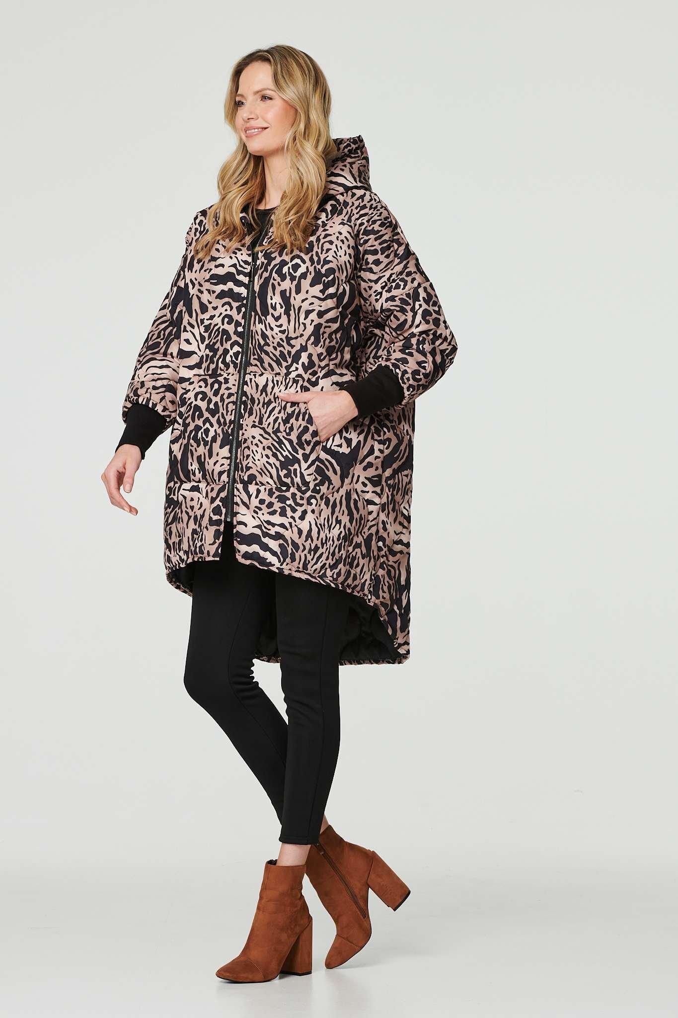 Izabel London Izabel London Women's Printed Zip Front High Low Coat in Beige - 4