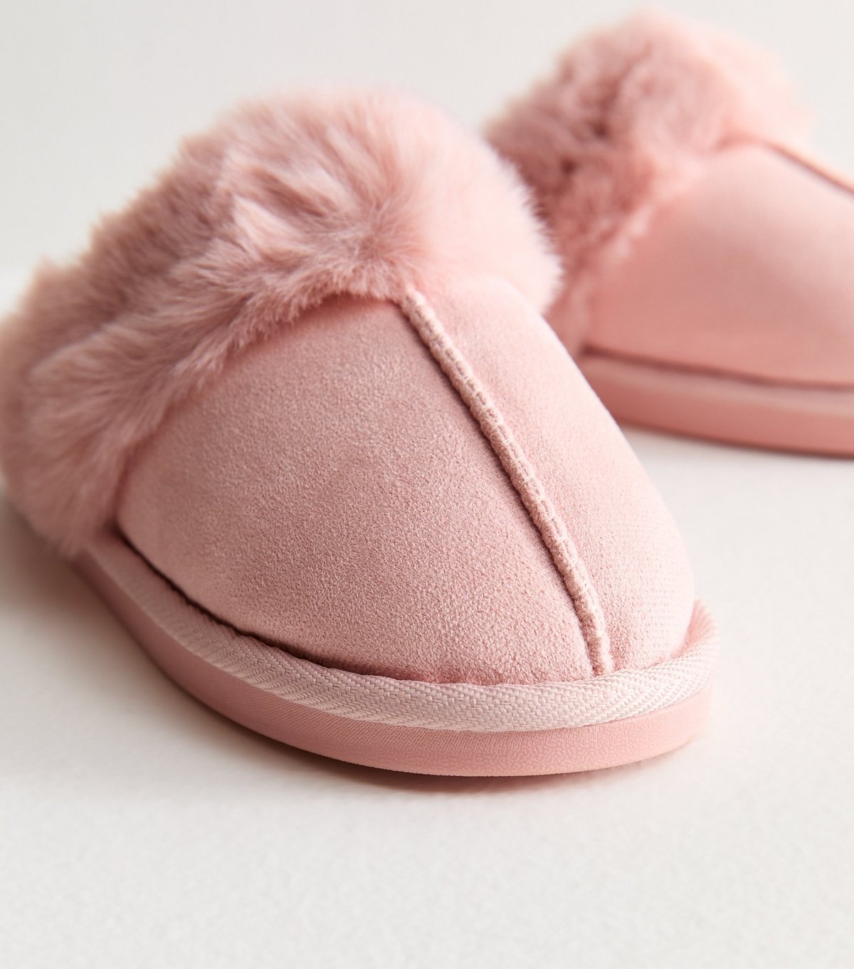 New Look Women's Light Pink Faux Suede and Faux Fur Trim Slippers Vegan New Look - 3