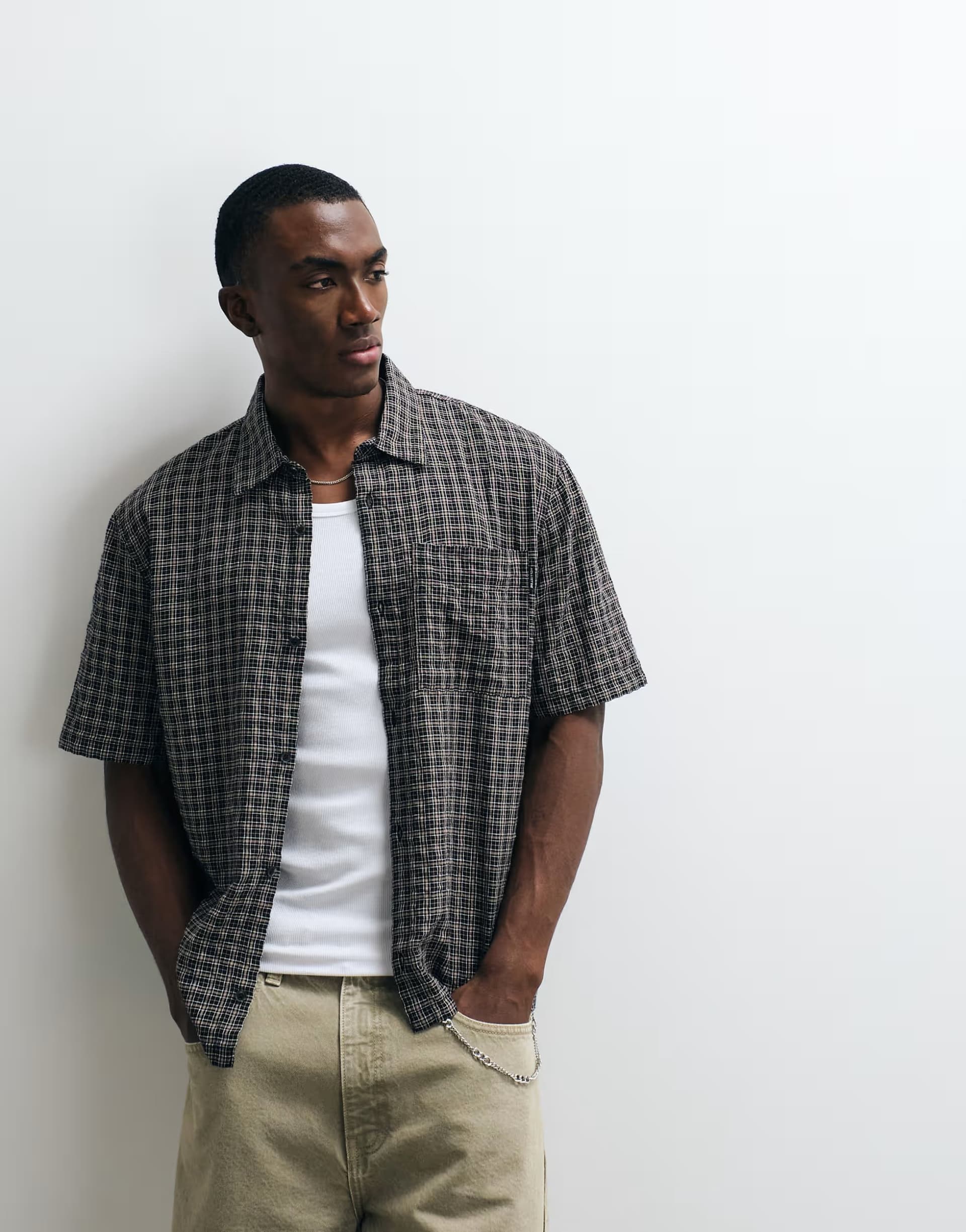 ASOS Hollister boxy cropped short sleeve shirt in black brown check