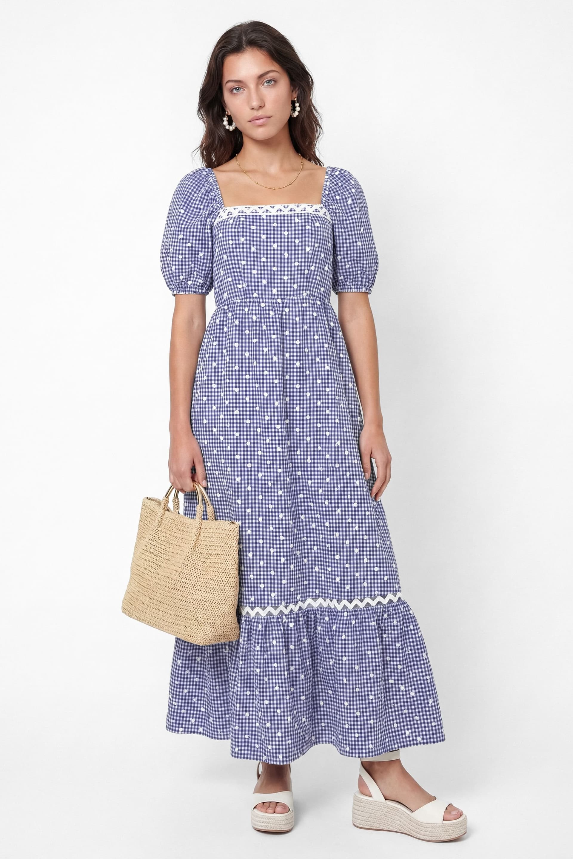 Lovedrobe Lovedrobe Women's Gingham & Polka Dot Short Sleeve Midaxi Dress in Blue