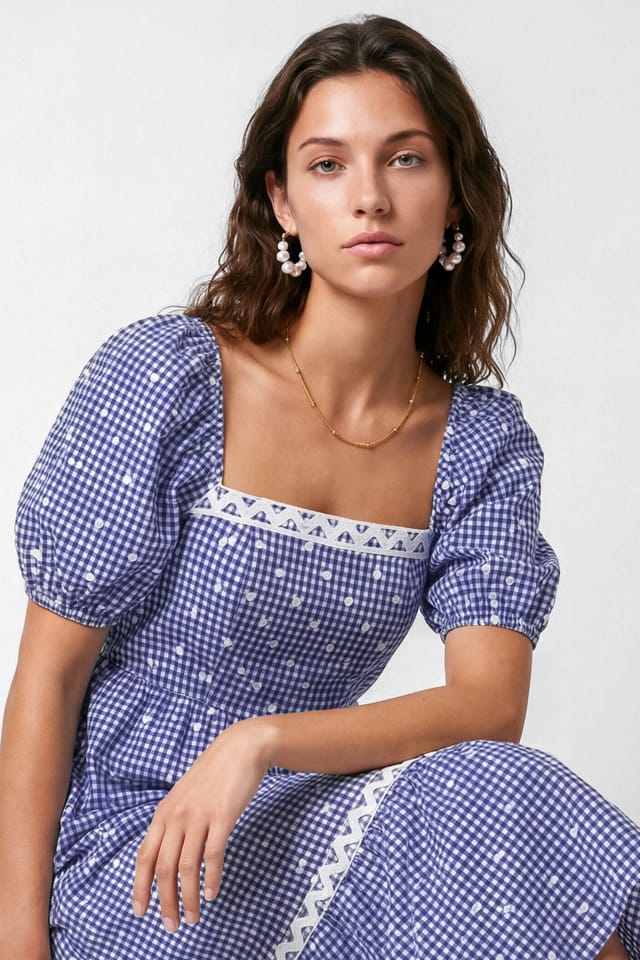 Lovedrobe Lovedrobe Women's Gingham & Polka Dot Short Sleeve Midaxi Dress in Blue - 3