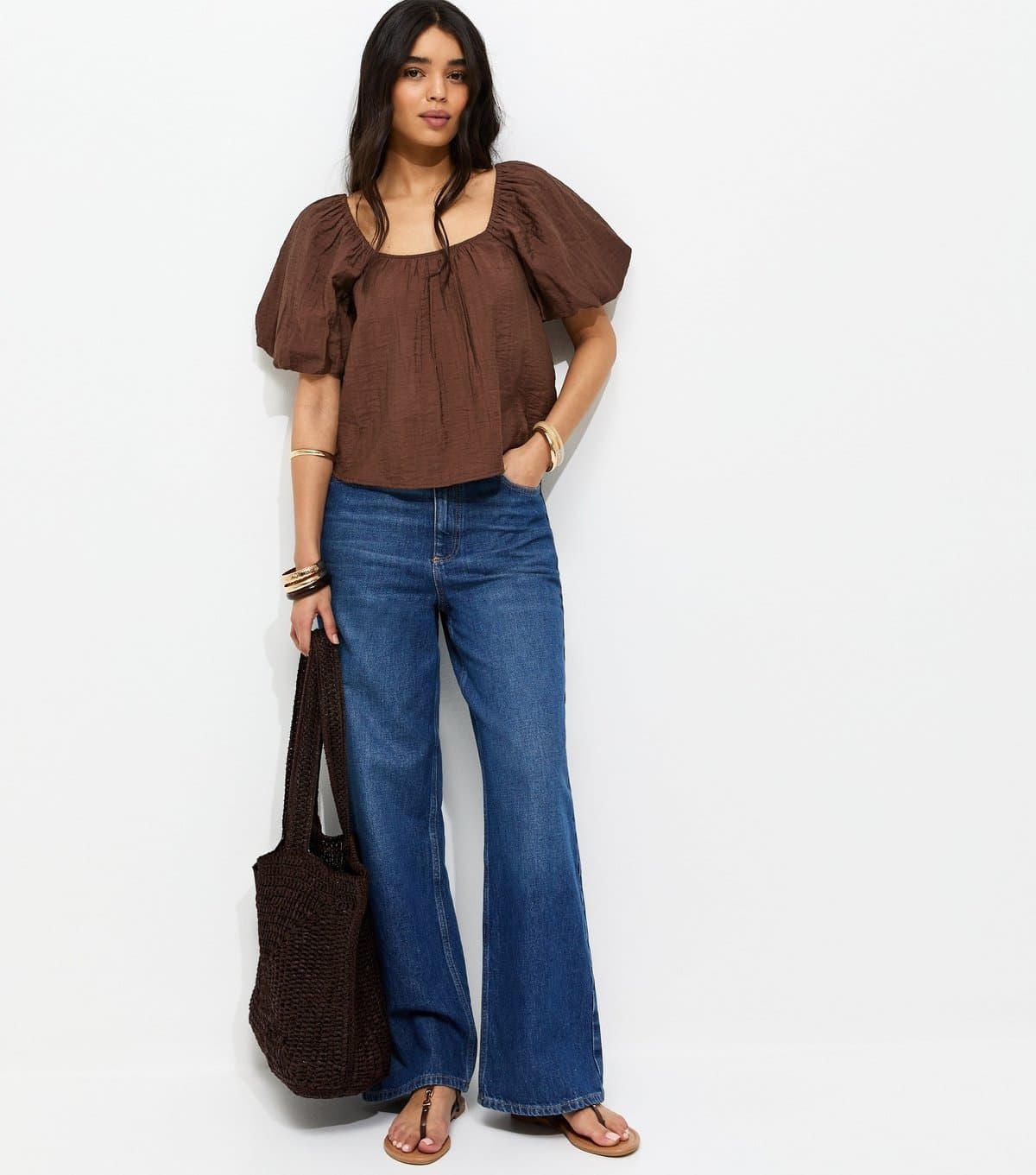 New Look Women's Dark Brown Square Neck Puff Sleeve Blouse New Look
