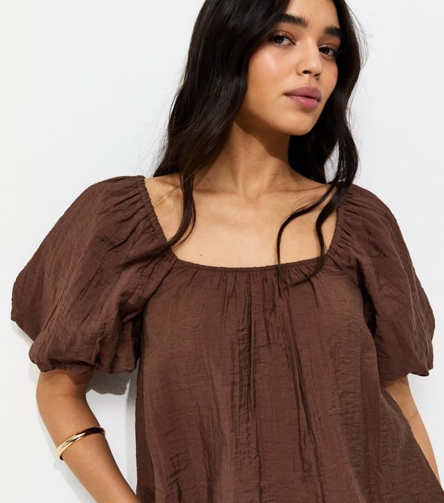 New Look Women's Dark Brown Square Neck Puff Sleeve Blouse New Look - 2