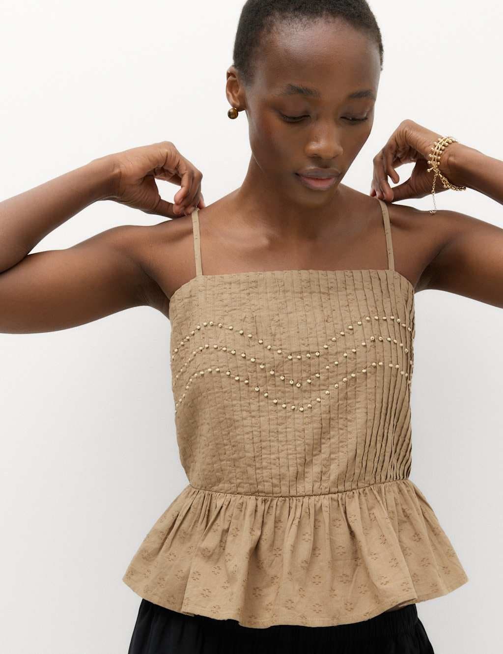 Marks & Spencer M&S Khaki Cotton Embellished Camisole Top