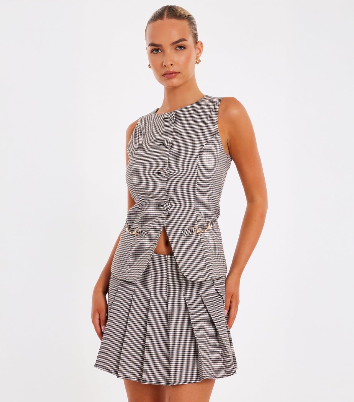 Quiz Women's Light Brown Check Button Front Waistcoat Quiz New Look