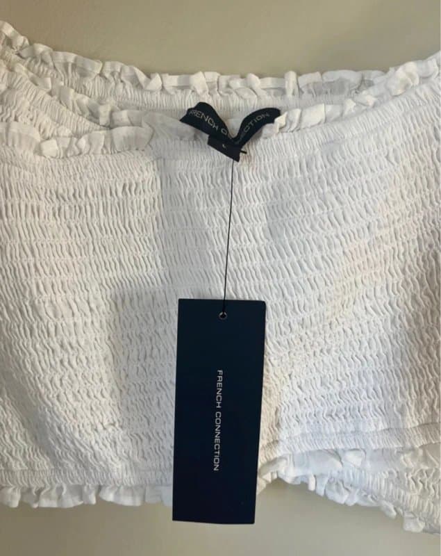 French Connection French Connection Designer White Ribbed Wrapped Frill Summer Crop Top Size L Large New