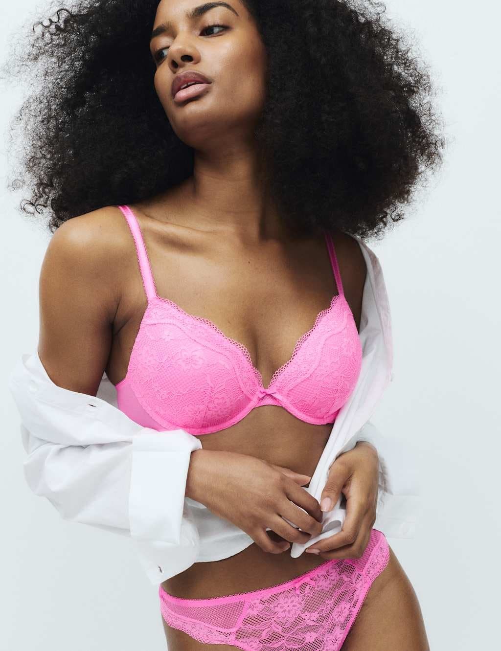 Marks & Spencer M&S Jasmine Lace Wired Plunge Bra A-E Pink Shimmer