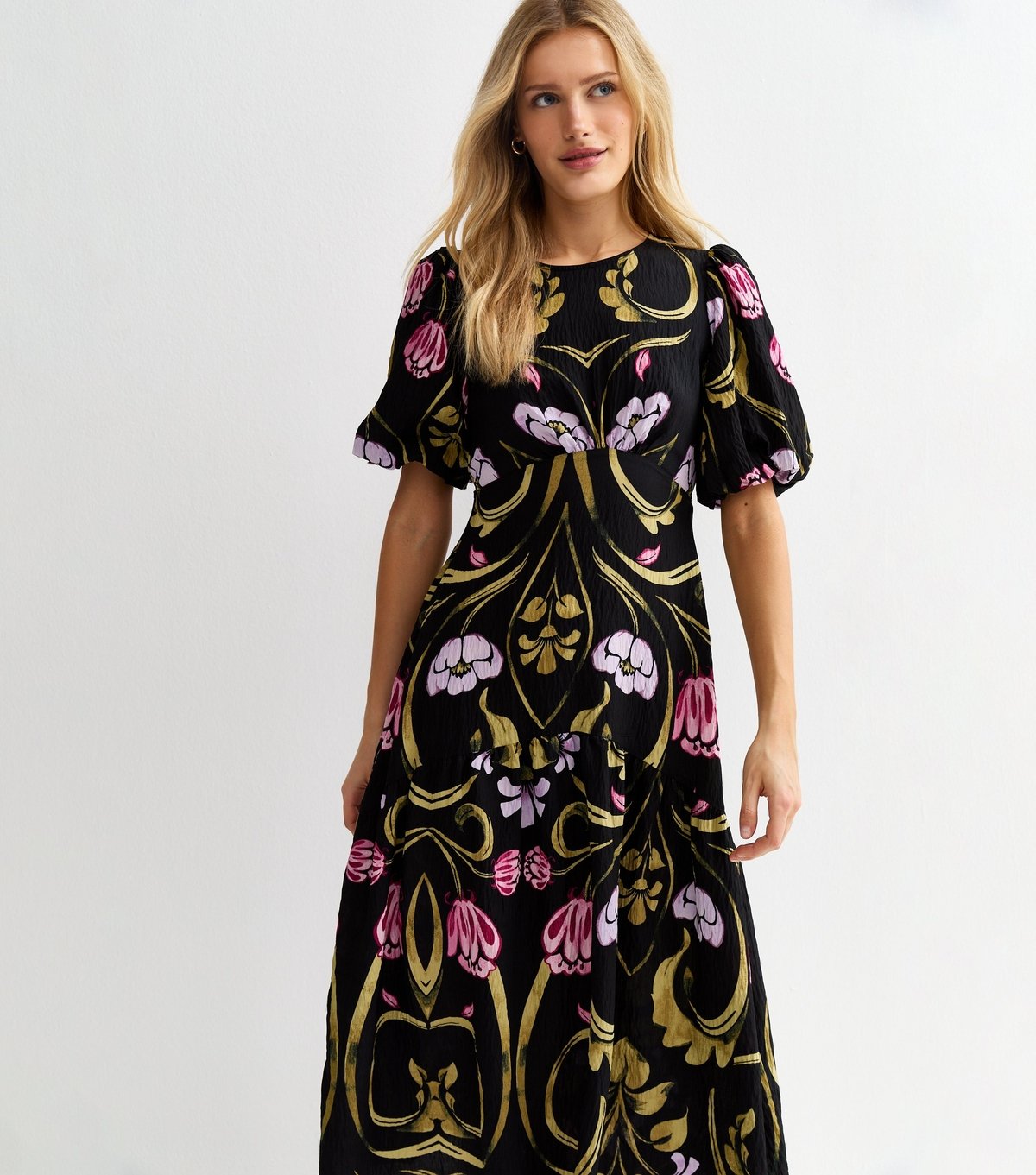 New Look Women's Black Floral Puff Sleeve Midi Dress New Look - 2