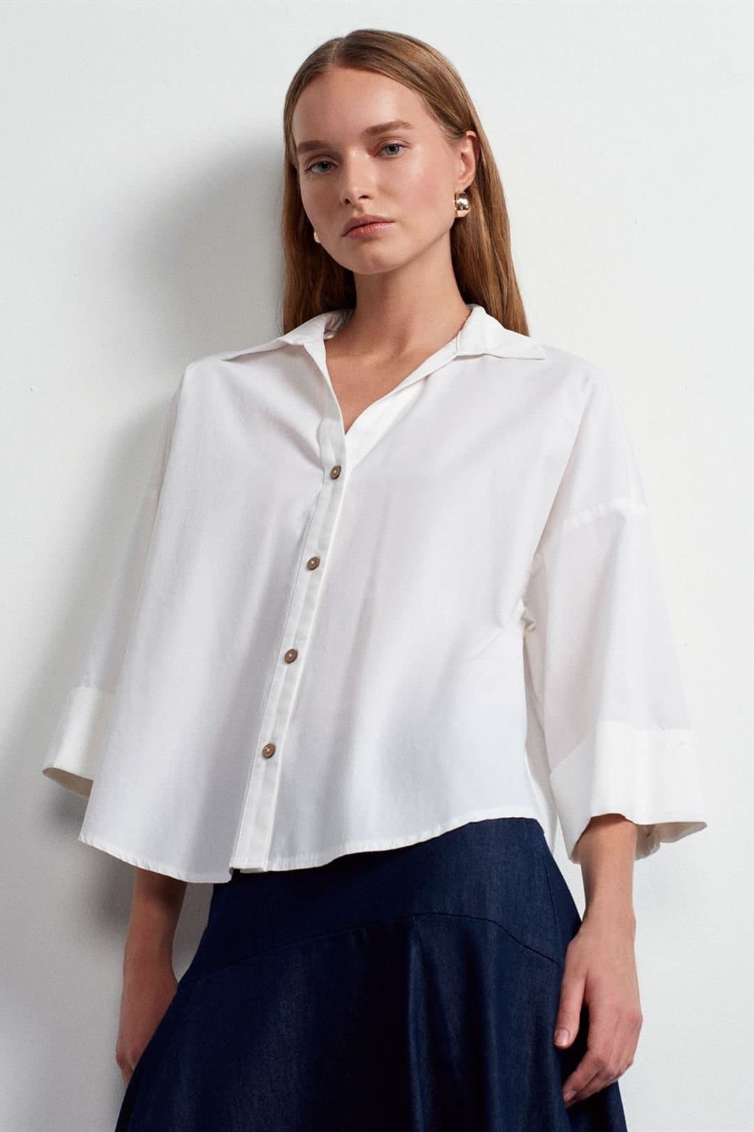 Dilvin Dilvin White Loose-Fit Cotton Poplin Shirt