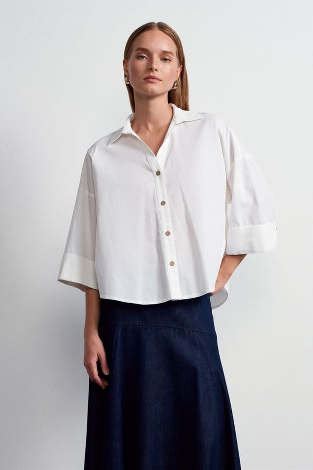 Dilvin Dilvin Women's Loose-Fit Cotton Poplin Shirt in White - 3