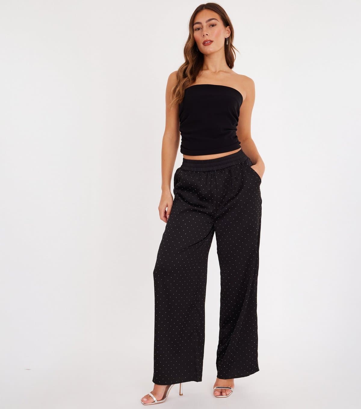 Quiz Women's Black Satin Diamante Wide Leg Trousers Quiz New Look