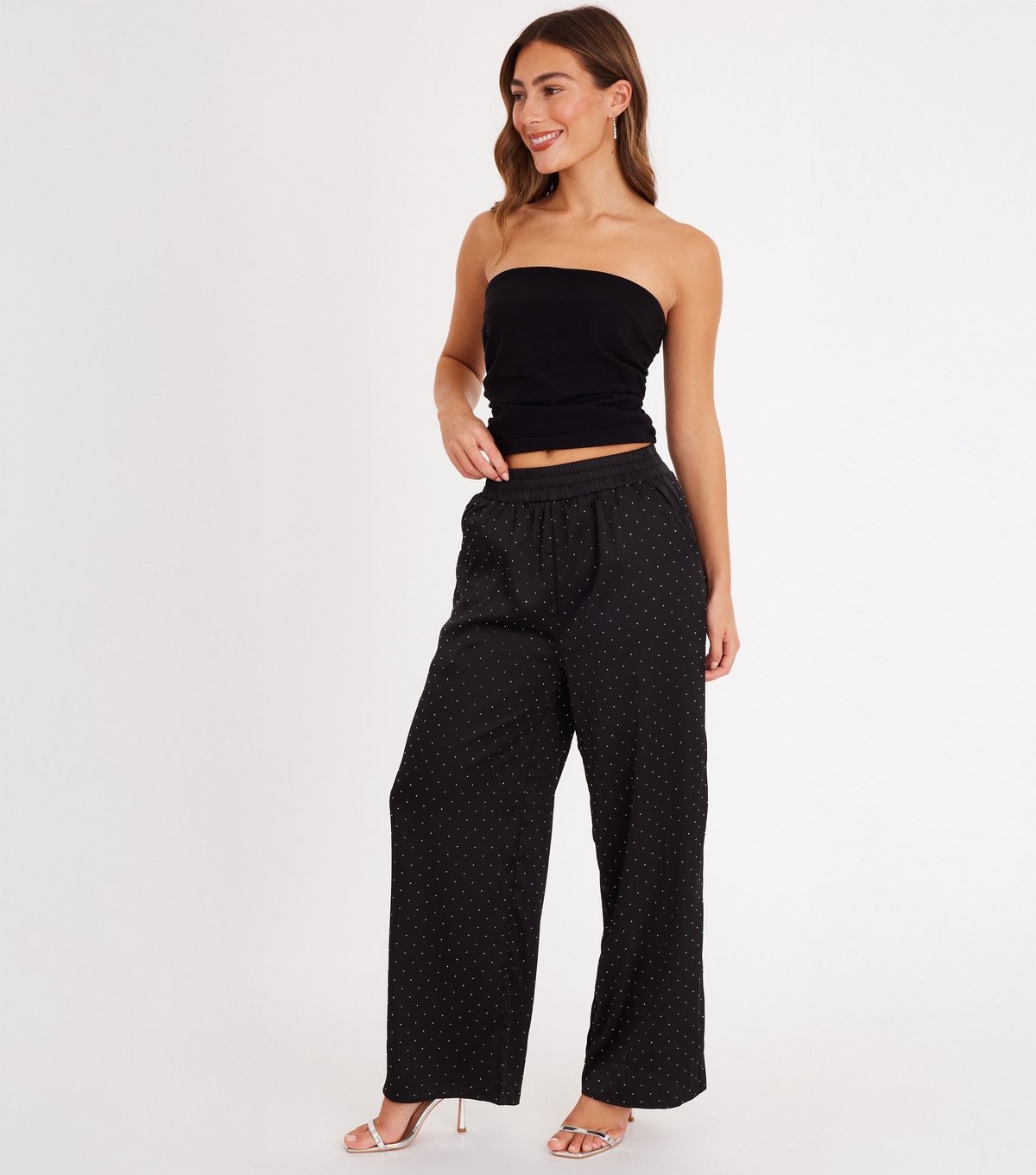 Quiz Women's Black Satin Diamante Wide Leg Trousers Quiz New Look - 2