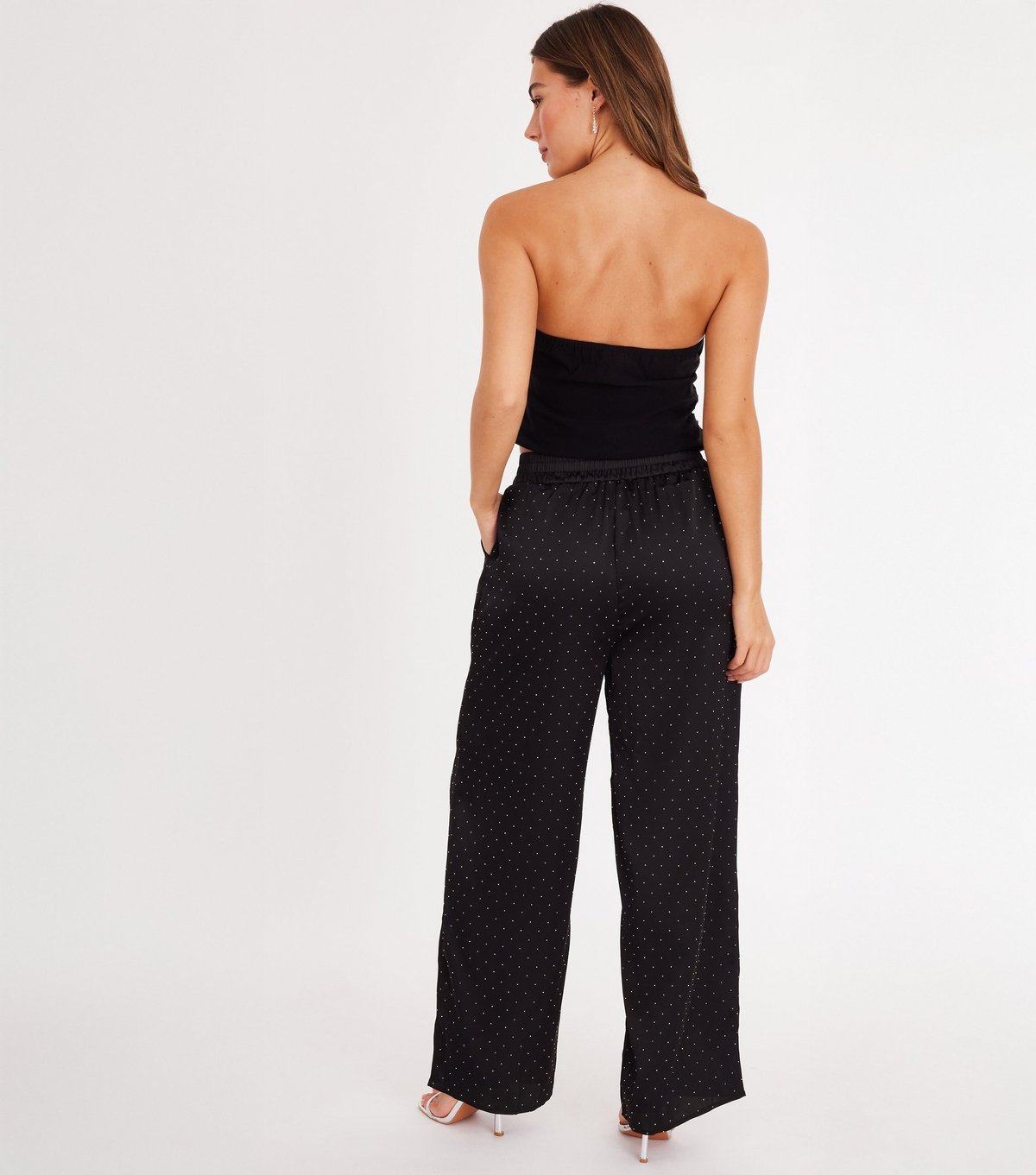 Quiz Women's Black Satin Diamante Wide Leg Trousers Quiz New Look - 3
