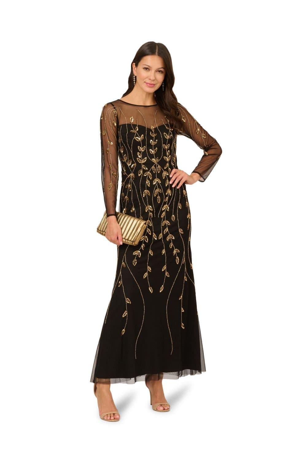 Papell Studio Papell Studio Women's Long Sleeve Beaded Dress in Black