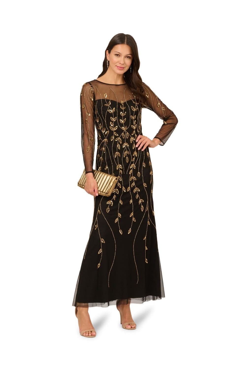 Papell Studio Black Beaded Long Sleeve Evening Gown