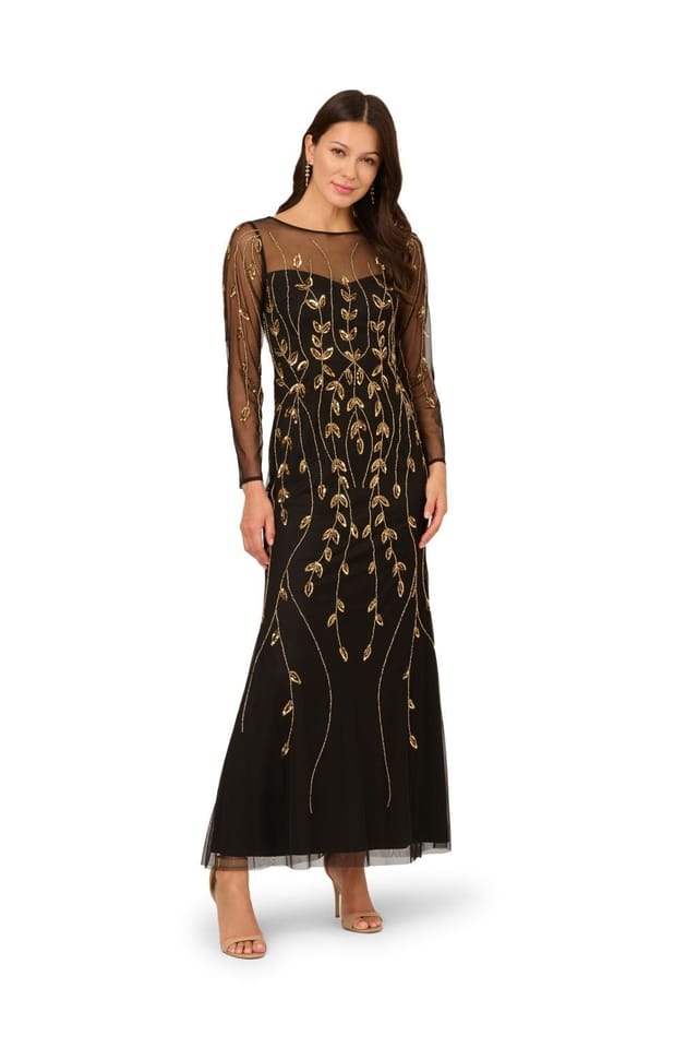 Papell Studio Papell Studio Women's Long Sleeve Beaded Dress in Black - 2