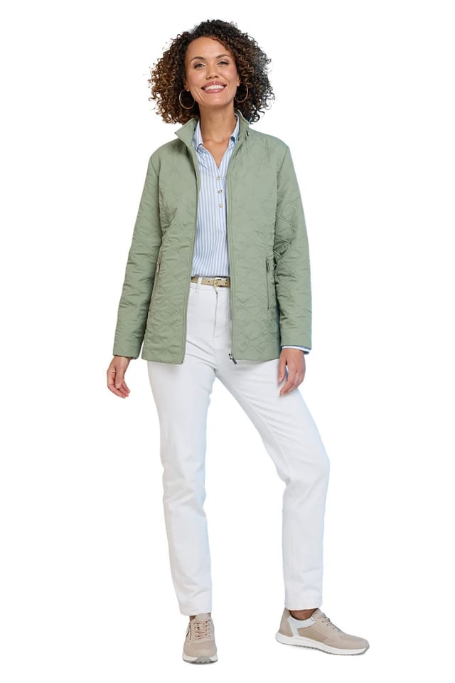 Amber Amber Women's Mock Quilt Showerproof Zip Jacket with Concealed Hood, Lightweight in Light Green - 2