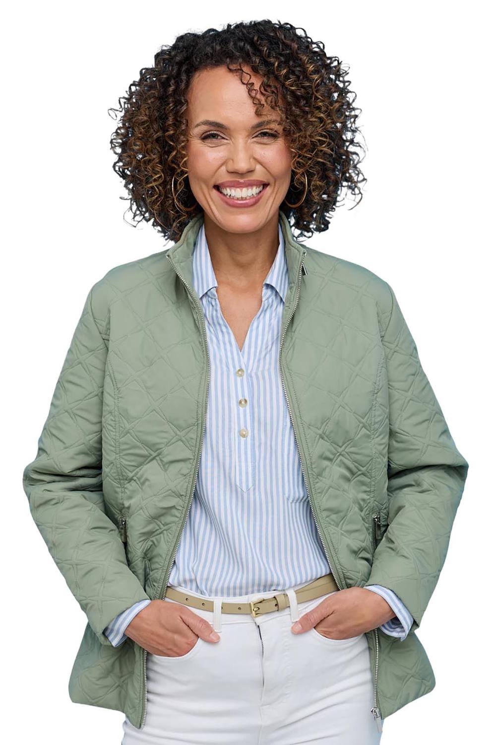 Amber Amber Women's Mock Quilt Showerproof Zip Jacket with Concealed Hood, Lightweight in Light Green - 3