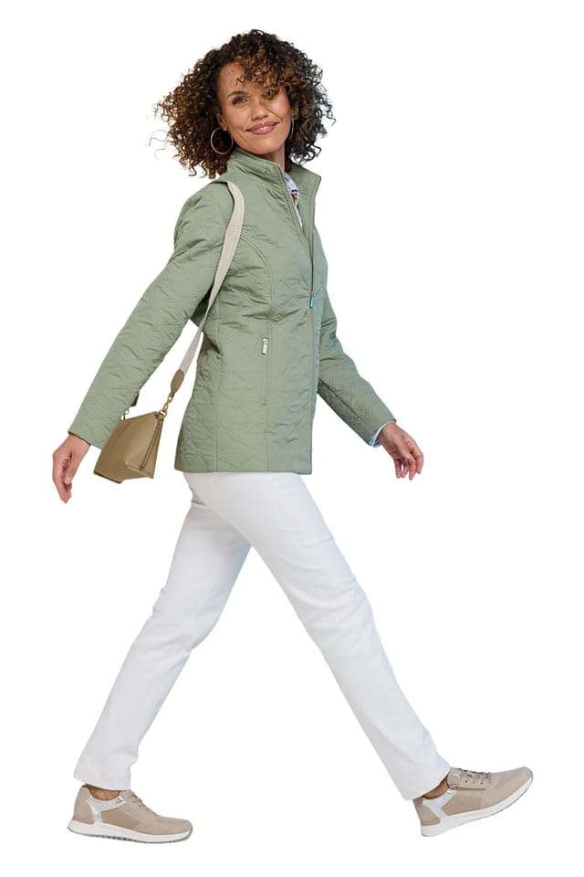 Amber Amber Women's Mock Quilt Showerproof Zip Jacket with Concealed Hood, Lightweight in Light Green - 3