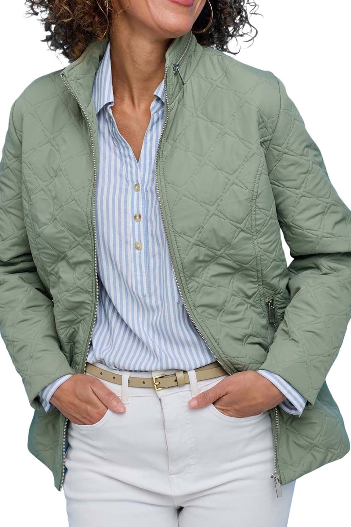 Amber Amber Women's Mock Quilt Showerproof Zip Jacket with Concealed Hood, Lightweight in Light Green - 4