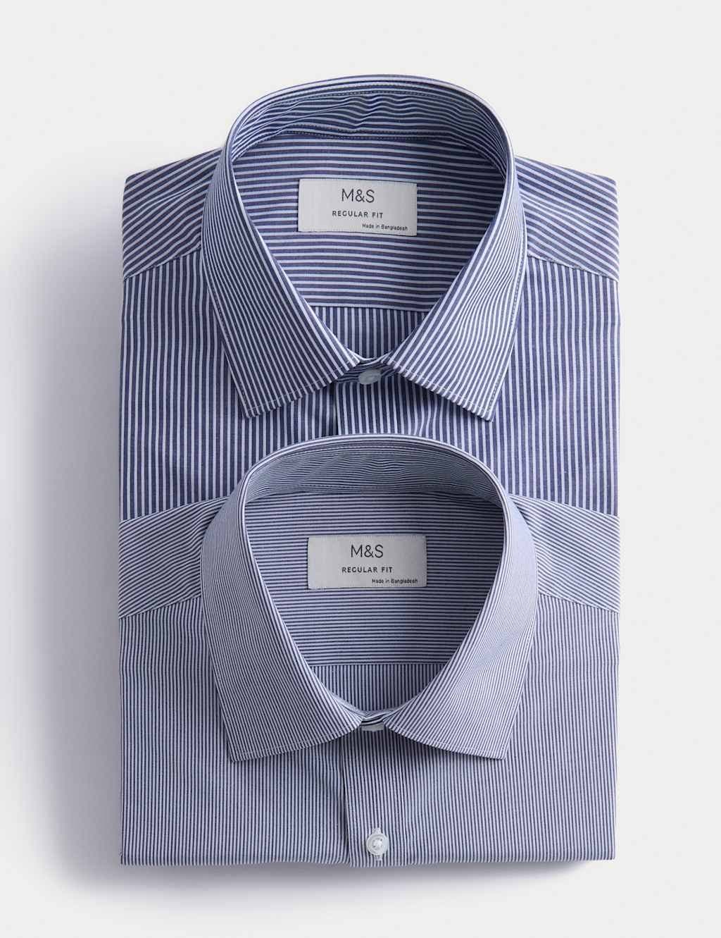 Marks & Spencer M&S 2 Pack Regular Fit Easy Iron Cotton Blend Striped Shirts Navy Mix