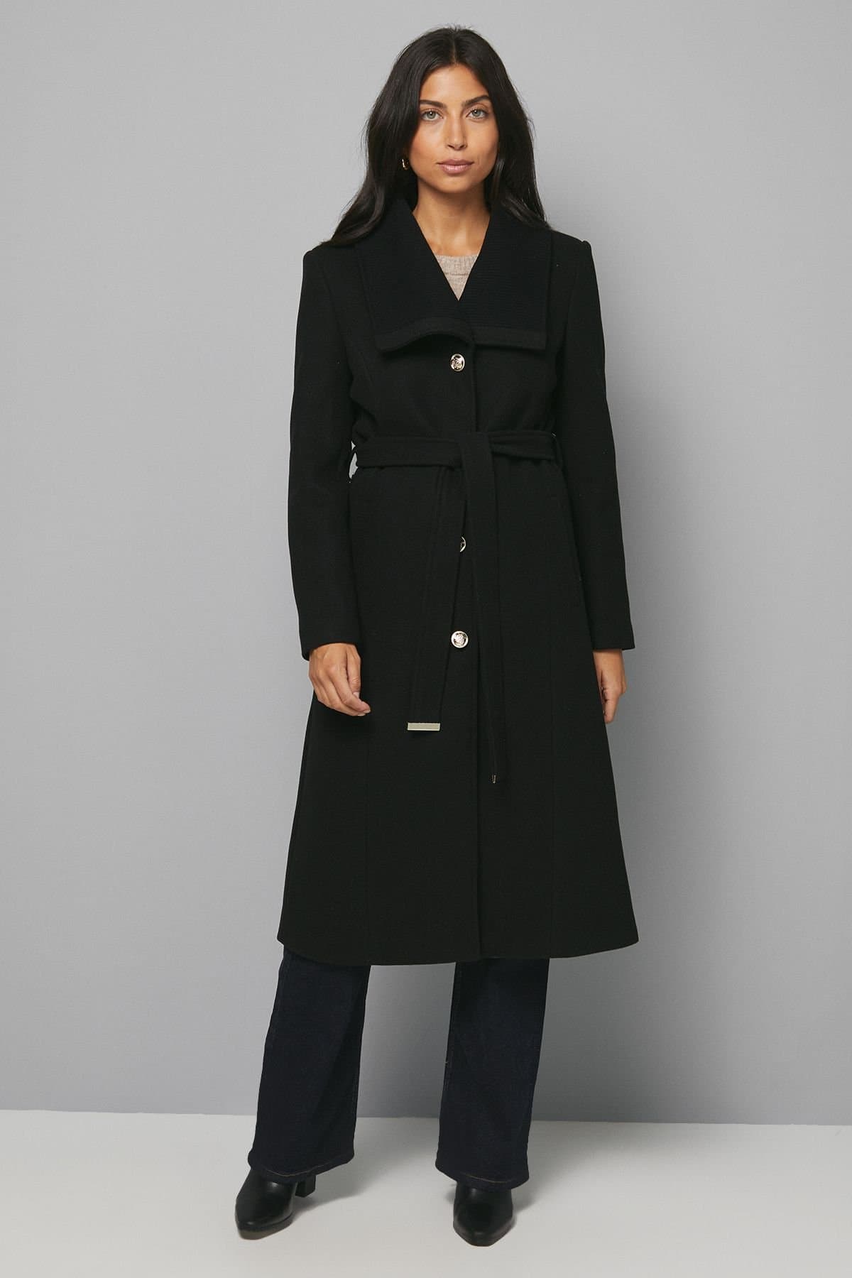 Wallis Wallis Women's Knitted Collar Button Through Wrap Coat in Black