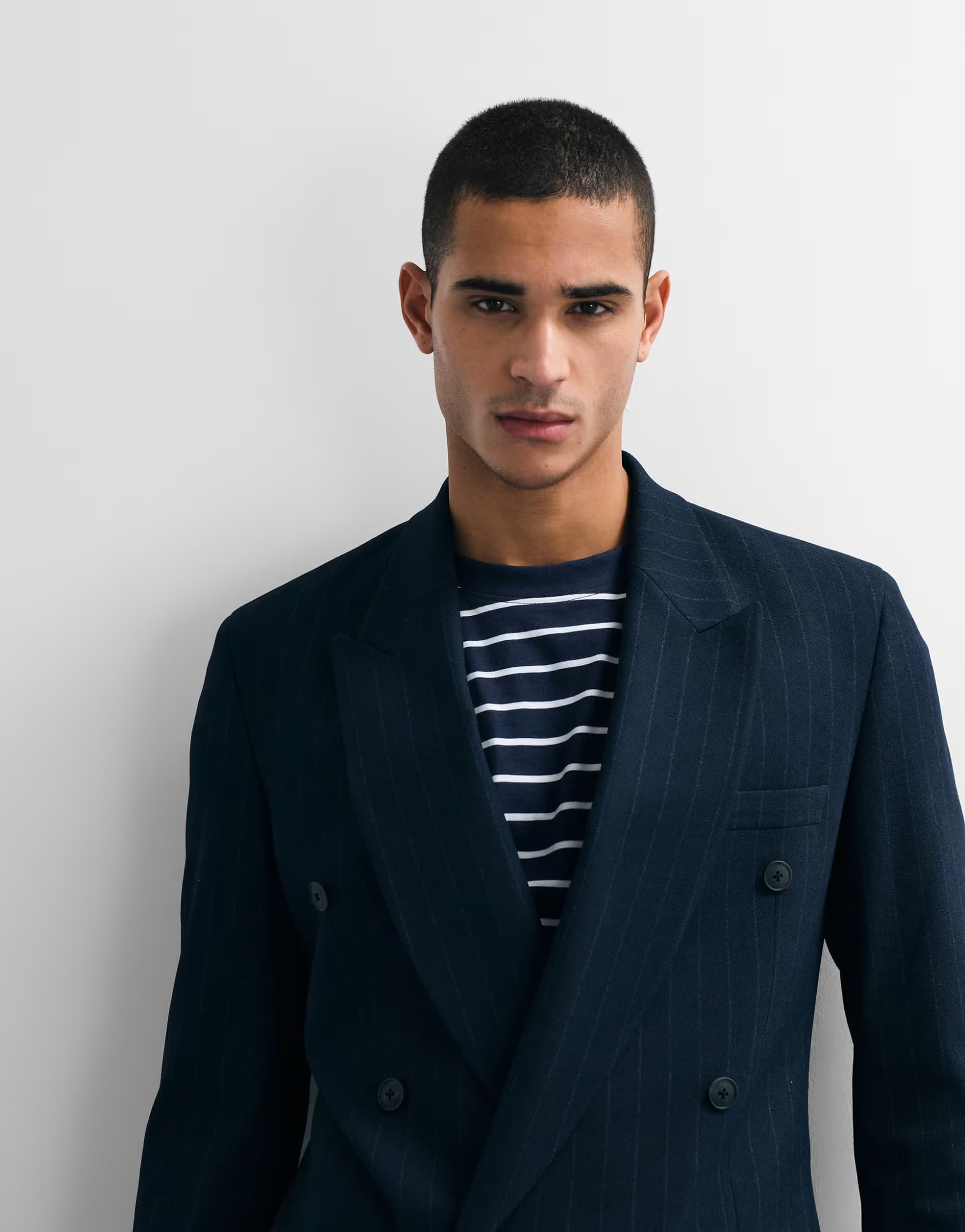 ASOS ASOS DESIGN slim double breasted suit jacket in navy pinstripe
