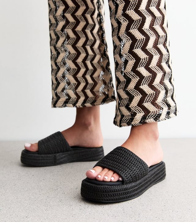 New Look Women's Black Raffia And Faux Leather Platform Mules Vegan New Look - 2