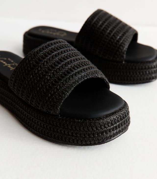 New Look Women's Black Raffia And Faux Leather Platform Mules Vegan New Look - 3