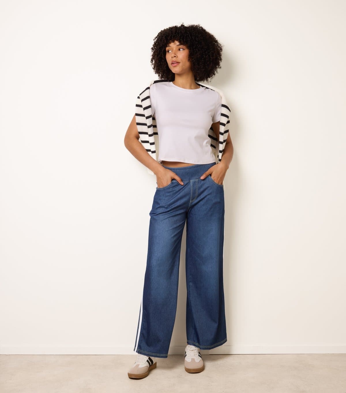 Blue Vanilla Women's Blue Denim Effect Side Stripe Trousers Blue Vanilla New Look