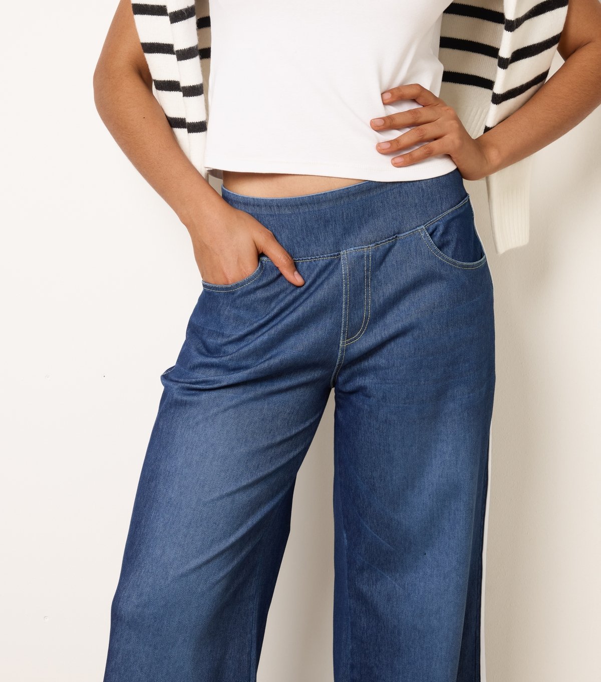 Blue Vanilla Women's Blue Denim Effect Side Stripe Trousers Blue Vanilla New Look - 3