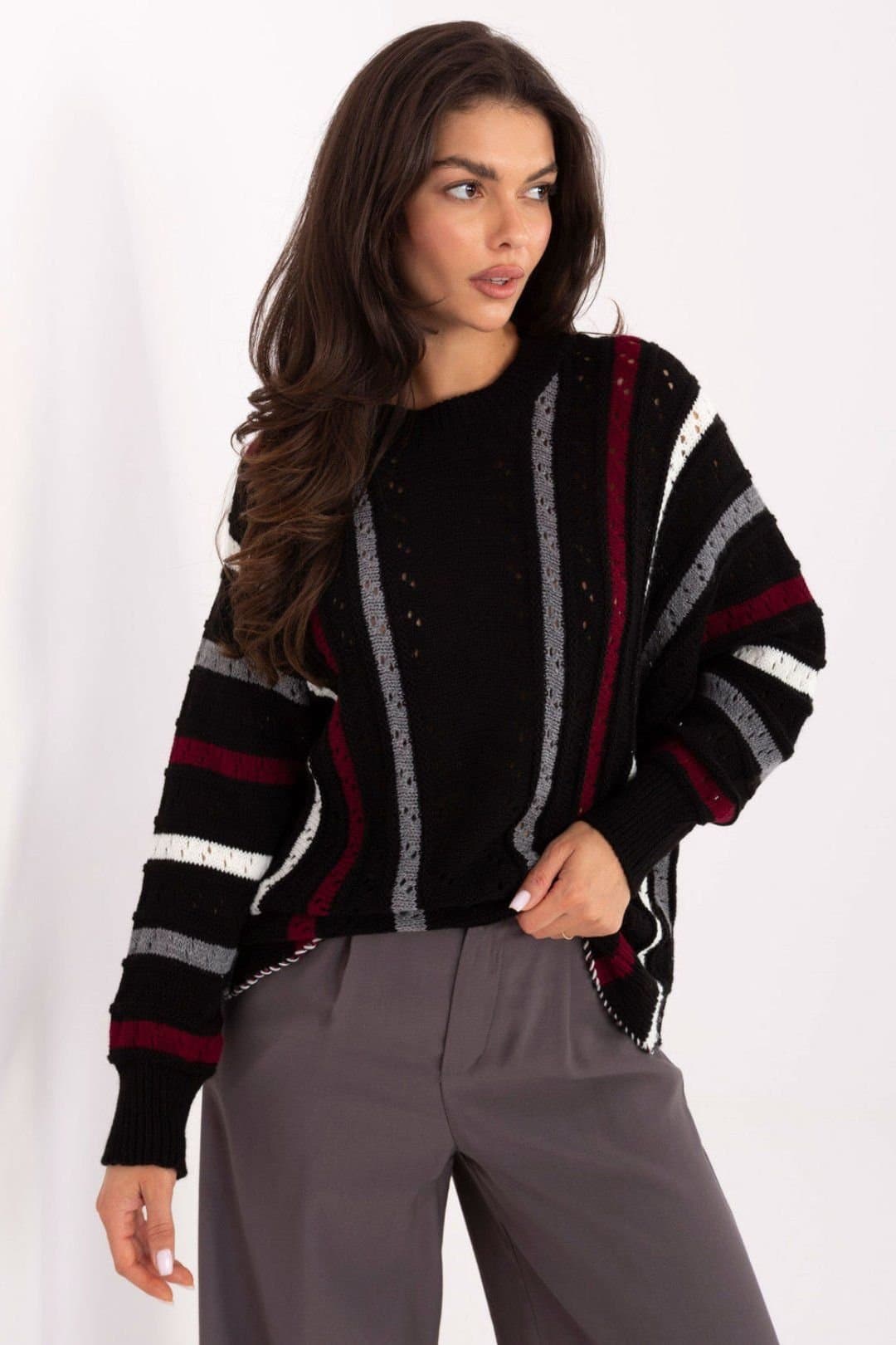 Love Lace Love Lace Women's Oversized Acrylic Openwork Striped Sweater in Black
