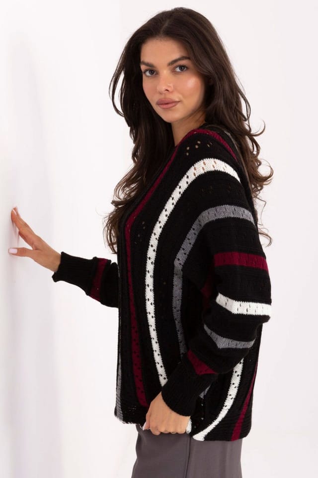 Love Lace Love Lace Women's Oversized Acrylic Openwork Striped Sweater in Black - 2