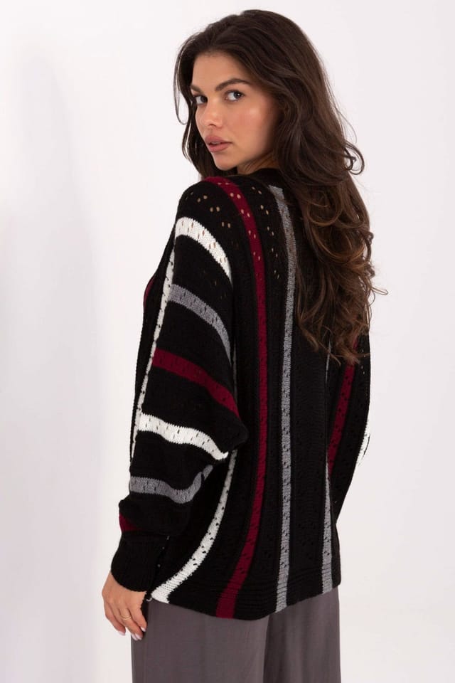 Love Lace Love Lace Women's Oversized Acrylic Openwork Striped Sweater in Black - 3