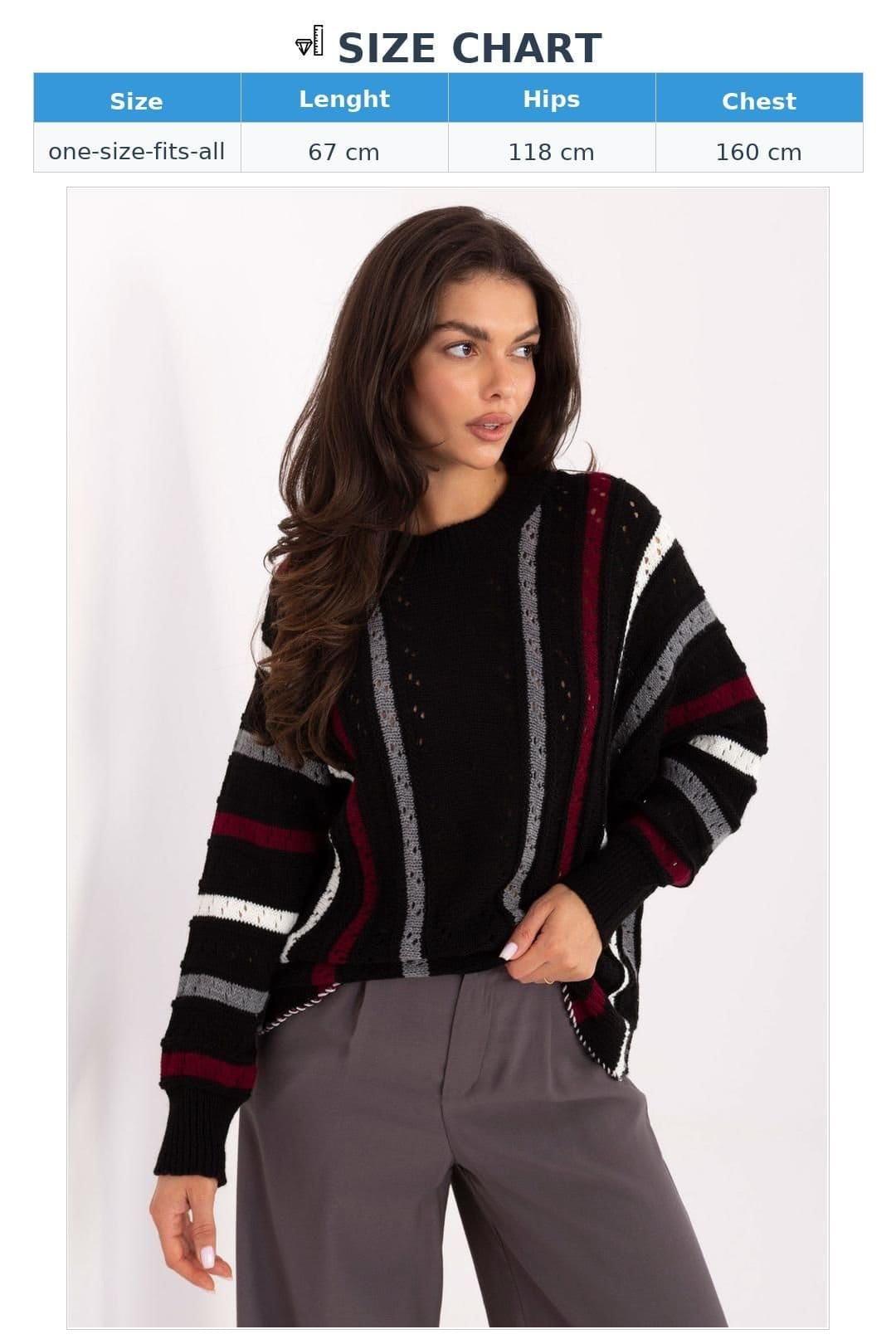 Love Lace Love Lace Women's Oversized Acrylic Openwork Striped Sweater in Black - 4