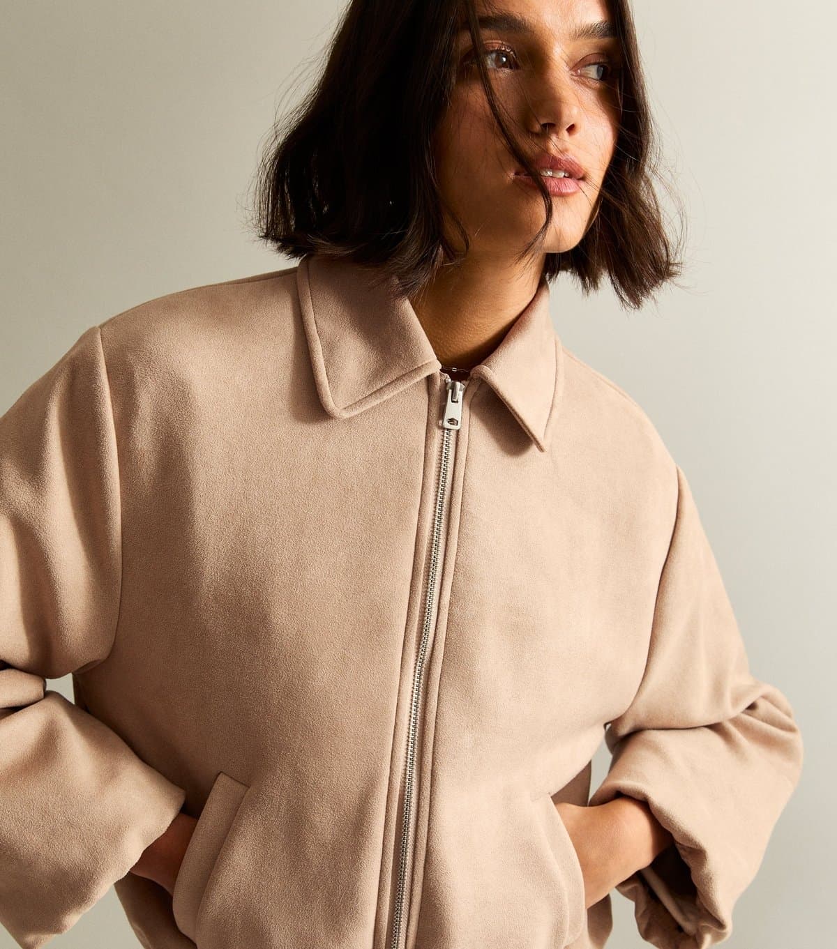 New Look Women's Stone Faux Suede Bubble Hem Bomber Jacket New Look