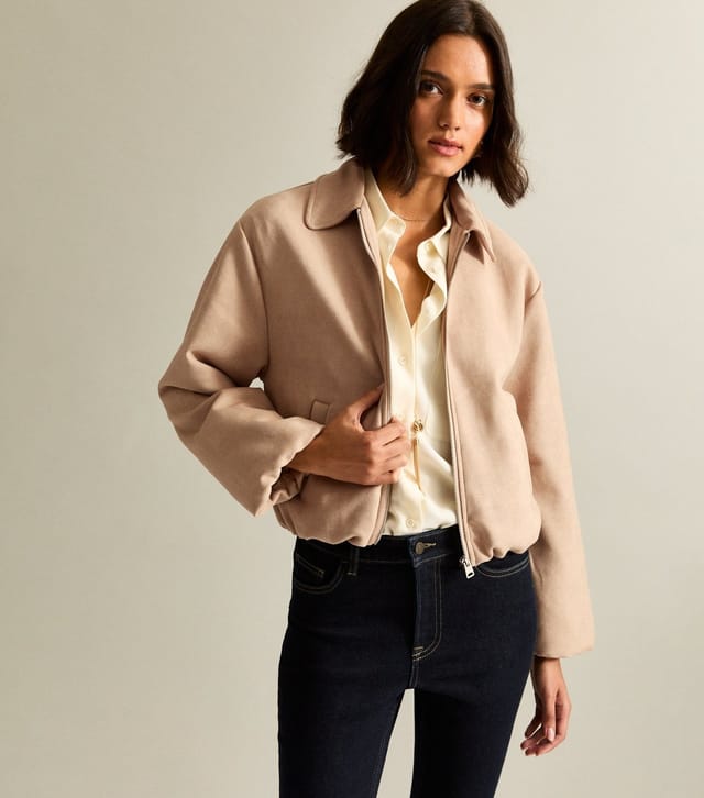 New Look Women's Stone Faux Suede Bubble Hem Bomber Jacket New Look - 2